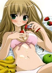  apple banana bikini blonde_hair blush cream food fruit green_eyes highres lemon long_hair looking_at_viewer sexually_suggestive strawberry swimsuit tagme  rating:Questionable score:16 user:Konst