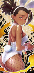  1girl absurdres alternate_costume animal_ears ass black_hair blush breasts brown_eyes dark-skinned_female dark_skin dragon_ball dragon_ball_super earrings fake_animal_ears fishnets highres jewelry kale_(dragon_ball) kanchiyo leotard looking_back medium_breasts playboy_bunny yellow_background  rating:Sensitive score:17 user:Miyuki_Lust