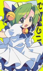  1girl :p absurdres akanbe animal_ears animal_hat apron bell blue_bow blue_bowtie blue_dress bow bowtie cat_ears cat_girl cat_hat cat_tail closed_mouth commentary dejiko di_gi_charat dress eyelid_pull finger_to_eye gloves green_background green_eyes green_hair hair_bell hair_bow hair_ornament hand_on_own_hip hat highres jingle_bell maid_apron neck_bell parted_bangs short_hair short_sleeves solo tail tongue tongue_out translated umi_kemushi v-shaped_eyebrows white_apron white_gloves white_hat white_tail 