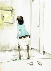 1girl aqua_footwear aqua_sweater bathroom black_hair black_skirt black_thighhighs day door drain_(object) female_focus from_behind full_body highres leaning_forward long_sleeves medium_hair miniskirt original over-kneehighs panties pee peeing peeing_self pleated_skirt puddle rinshoku school_uniform shoes sidelocks skirt sleeves_past_wrists slippers solo standing sun sweater thighhighs thighs traditional_media underwear wet wet_clothes wet_panties white_footwear window rating:Questionable score:10 user:AngryZapdos
