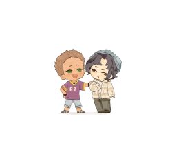  2boys :d ;o baxter_ward beanie blue_shorts brown_eyes brown_hair chibi chibi_only curly_hair derek_suarez dolpxler full_body green_eyes hand_on_another&#039;s_shoulder hand_on_own_hip hat highres in-franchise_crossover looking_at_another multiple_boys one_eye_closed open_mouth our_life our_life:_beginnings_and_always our_life:_now_and_forever raised_eyebrow short_hair shorts smile sportswear standing teeth upper_teeth_only white_background 