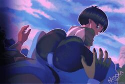  1boy 1girl age_difference animated animated_gif artist_name ass ass_focus black_nails bob_cut bulge buttjob clenched_teeth clothed_sex colored_skin dark-skinned_male dark_skin dragon_ball dragon_ball_super dragon_ball_super_super_hero erection erection_under_clothes faceless faceless_male femdom girl_on_top green_skin huge_ass kyojiri_loli loli lolidom looking_back mesugaki naughty_face nexxa outdoors pan_(dragon_ball) shortstack smile smirk sweat tagme teeth toei_animation video 