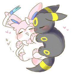  2others blush blush_stickers closed_eyes drooling gen_2_pokemon gen_6_pokemon heart highres lying lying_on_pokemon mouth_drool multiple_others nintendo no_humans on_back on_side open_mouth pokemon pokemon_(creature) sleeping sleeping_on_pokemon sylveon tsuyumaru_(tsuyumarurururu) umbreon white_background 