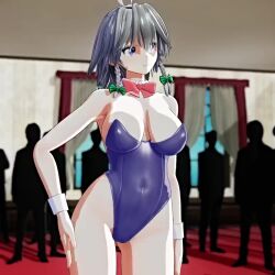  1girl 3d animated ass bent_over blue_hair bouncing_breasts bra breasts cleavage close-up covered_navel crowd curvy grey_hair half-closed_eyes hand_on_own_hip highres izayoi_sakuya large_breasts legs leotard leotard_pull mofumoko5 multiple_views navel playboy_bunny presenting public_indecency pulling_own_clothes rabbit_ears rabbit_tail seductive_gaze seductive_smile short_hair sideboob smile tagme thick_thighs thighs toned touhou turnaround underwear video 