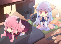 1boy 2girls :3 animal_ears black_dress blue_dress blue_hair blush cat_ears cat_tail chibi detached_sleeves drawing_tablet dress fox_ears fox_tail hands_in_opposite_sleeves holding jitome kneeling kotonoha_akane kotonoha_aoi long_hair low_twintails mini_person minigirl monitor mouse_(animal) multiple_girls open_mouth petenshi_(dr._vermilion) pink_legwear sandals siblings sisters sitting smile stylus tail tail_wagging thighhighs twins twintails voiceroid wariza rating:Sensitive score:13 user:danbooru