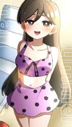  1girl beach_chair bikini black_eyes black_hair character_name collarbone highres long_hair looking_at_viewer mari_(faraway)_(omori) mari_(omori) navel omori polka_dot polka_dot_bikini purple_bikini solo swimsuit teeth tongue yumeututu1111 