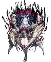 black_gloves black_skirt black_thighhighs breasts bug gauntlets gloves lilith-soft long_hair looking_at_viewer medium_breasts official_art onigumo_saburo oversized_bug red_eyes skirt spider taimanin_(series) taimanin_rpgx taimanin_suit thighhighs unitard white_background white_hair
