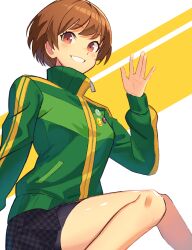  1girl bike_shorts black_skirt blush brown_eyes brown_hair commentary_request feet_out_of_frame green_jacket hand_up highres jacket knees_together_feet_apart kumaking looking_at_viewer miniskirt multicolored_jacket persona persona_4 satonaka_chie short_hair shorts shorts_under_skirt sidelocks sitting skirt smile solo swept_bangs teeth thighs track_jacket two-tone_background two-tone_jacket white_background yellow_background yellow_jacket zipper 