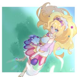 1girl absurdres anklet back_bow bare_shoulders big_hair blonde_hair blue_eyes blue_sky blueberry blunt_bangs border bow bridal_gauntlets brooch collar cross-laced_clothes cross-laced_top cure_finale delicious_party_precure detached_collar detached_sleeves dutch_angle expressionless eyelashes feathers floating_hair food food-themed_clothes frilled_footwear frilled_skirt frills fruit full_body grass green_shoes hair_ornament hairband hat_ornament heart heart_brooch heart_hat_ornament high_heels highres jewelry kasai_amane large_bow light_particles long_sleeves magical_girl miniskirt outline outside_border parted_lips pink_bow precure puffy_long_sleeves puffy_sleeves pumps purple_brooch purple_sleeves purple_tiara red_skirt ring shadow shipu_(gassyumaron) shirt shoes signature skirt sky solo standing star_(symbol) star_hair_ornament tiara white_border white_bridal_gauntlets white_collar white_hairband white_outline white_shirt wind 