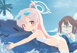 2girls absurdres ahoge bikini blue_archive blush cloud commentary_request cosplay eyewear_on_head female_focus floating frilled_bikini frills genderswap genderswap_(mtf) halo highres hoshino_(blue_archive) hoshino_(blue_archive)_(cosplay) hoshino_(swimsuit)_(blue_archive) inflatable_toy inflatable_whale loli long_hair look-alike multiple_girls ocean onii-chan_wa_oshimai! orange_eyes oyama_mahiro oyama_mihari parody pink_hair siblings sisters sky sunglasses swimsuit water you_gonna_get_raped ziz_(pandora707) rating:Sensitive score:113 user:danbooru