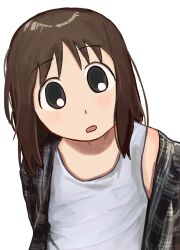  1girl azumanga_daiou black_shirt blush brown_eyes brown_hair collared_shirt commentary flat_chest head_tilt helloaite highres kasuga_ayumu light_blush looking_at_viewer loose_hair_strand medium_hair messy_hair off_shoulder open_clothes open_mouth open_shirt parted_lips plaid_clothes plaid_shirt raised_eyebrows shirt simple_background solo tank_top upper_body white_background white_tank_top white_undershirt  rating:Sensitive score:14 user:danbooru