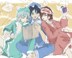  3boys aged_down angeal_hewley apple blue_eyes blue_pajamas closed_eyes eye_mask final_fantasy final_fantasy_vii final_fantasy_vii_ever_crisis food fruit genesis_rhapsodos green_pajamas hair_over_one_eye hat highres holding holding_food holding_fruit holding_map kv9g7 male_focus map multiple_boys open_mouth pajamas reading red_pajamas sephiroth sephiroth_(ever_crisis) short_hair sitting 