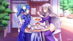  3girls aromage_rosemary blue_dress blue_eyes blue_hair blush bow cake cake_stand commission cup dress duel_monster food gloves grey_hair hair_ornament highres hip_vent holding holding_spoon long_hair madolche_puddingcess multiple_girls open_mouth ponytail purple_bow red_eyes rizihike signature silent_magician sitting spoon tea tea_party teacup teapot thighhighs tiered_tray tree white_gloves yu-gi-oh! 