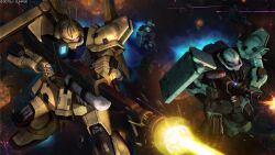  absurdres aiming army artist_request battle beam_rifle cable company_name copyright_notice energy_beam energy_gun explosion firing fleet glowing gun gundam gundam_battle_operation_2 gundam_walpurgis highres holding holding_weapon machine_gun machinery mecha mecha_focus mobile_suit neo_zeon no_humans one-eyed pink_eyes realistic rifle robot science_fiction scope shield sniper_rifle space sunrise_(company) thrusters weapon zaku zaku_machinery zaku_machinery_ernardo_custom zero_gravity 