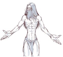  abs absurdres beard before_the_dawn_(series) closed_mouth concept_art facial_hair fantasy fingernails highres loincloth long_hair no_navel no_nipples open_hand original sharp_fingernails sharp_teeth sketch teeth theo_kris_(artist) white_background 