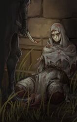 2boys armored_boots bandaged_leg bandages black_boots black_cloak black_gloves blood blood_on_clothes blood_on_face bloody_knife bloody_tears boots brick_wall cape character_request check_character cloak closed_mouth commentary dagger elden_ring english_commentary full_body gloves grass grey_cape grey_hood grey_robe highres holding holding_dagger holding_knife holding_weapon hood hood_up knife looking_at_object male_focus mask multiple_boys red_eyes robe solo_focus tarnished_(elden_ring) tworain_w veil weapon white-faced_varre white_mask 