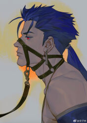 1boy anzishen bare_shoulders blue_hair cu_chulainn_(fate) cu_chulainn_(fate/stay_night) earrings fate/grand_order fate_(series) highres jewelry long_hair male_focus ponytail red_eyes solo 