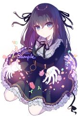  1girl absurdres arcaea belt black_dress black_hair black_ribbon blue_eyes blush brown_belt closed_mouth clover_39 commentary_request dress expressionless hair_between_eyes hair_ribbon highres long_hair long_sleeves looking_at_viewer neck_ribbon open_hand ribbon sample_watermark seiza sitting solo tairitsu_(arcaea) tairitsu_(axium)_(arcaea) watermark white_background 