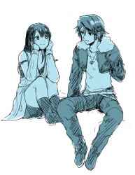  1boy 1girl arm_ribbon belt blue_theme boots bright_pupils commentary_request cropped_jacket detached_sleeves final_fantasy final_fantasy_viii hand_up hands_on_own_cheeks hands_on_own_face invisible_chair jacket jewelry long_hair looking_at_another medu_(rubish) monochrome multiple_belts necklace open_clothes open_jacket open_mouth pants pendant ribbon rinoa_heartilly scar scar_on_face simple_background sitting sketch sleeveless_duster smile squall_leonhart tank_top white_background 