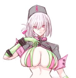  1girl bikini black_hat breasts crop_top elbow_gloves fate/grand_order fate_(series) florence_nightingale_(fate) florence_nightingale_(trick_or_treatment)_(fate) gloves green_bikini green_gloves hat highres himo large_breasts layered_bikini looking_at_viewer nurse_cap pink_bikini pink_eyes pink_hair revealing_clothes rubber_gloves short_sleeves solo swimsuit upper_body white_background 