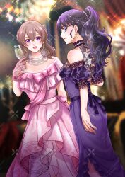  2girls alcohol ballroom bare_arms bare_shoulders bead_curtain blunt_bangs braid breasts brown_hair bubble_skirt champagne chandelier choker cleavage cleavage_cutout clothing_cutout commission cup curtains delicious_party_precure dress drinking earrings gloves hair_ornament half_gloves half_up_braid highres holding holding_cup jewelry kasai_amane lace lace_choker lace_dress lace_gloves long_hair long_skirt looking_at_viewer looking_back multiple_girls nagomi_yui necklace parted_bangs party pearl_hair_ornament pink_dress ponytail precure puffy_short_sleeves puffy_sleeves purple_dress purple_hair ribbon-trimmed_dress ribbon_trim short_sleeves sideways_face skeb_commission skirt tight_clothes tight_dress twitter_username waka_(negronoir) watermark 