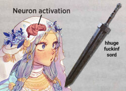  blue_cape blue_eyes blue_hair braid brain cape cropped_shoulders dress elden_ring elden_ring_nightreign elden_things english_text flower_wreath gold_trim head_wreath huge_weapon jewelry looking_at_object low_twin_braids meme neuron_activation_(meme) revenant_(elden_ring) signature solo sword twin_braids veil weapon white_dress white_veil x-ray 