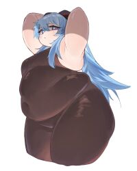  1girl armpits arms_behind_head belly blue_eyes blue_hair blush bodystocking bodysuit breasts covered_navel fat fat_woman from_side ganyu_(genshin_impact) genshin_impact horns long_hair medium_breasts nantekottai25 shaded_face sidelocks sleeveless solo standing thick_arms thick_thighs thighs white_background 