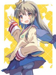  1girl :d ahoge akayama_yukihe ass black_pantyhose blazer blue_skirt blush_stickers border bow brown_eyes brown_hair clannad clothes_lift commentary_request cowboy_shot fang floating_hair from_behind hair_bow hair_ornament hand_on_own_hip hand_up happy highres hikarizaka_private_high_school_uniform ibuki_fuuko jacket long_hair looking_at_another looking_at_viewer low-tied_long_hair miniskirt open_mouth outside_border panties panties_under_pantyhose pantyhose pleated_skirt purple_bow sailor_collar school_uniform serafuku simple_background skin_fang skirt skirt_lift sleeves_past_wrists smile solo star_(symbol) star_hair_ornament tareme turtleneck underwear v very_long_hair white_border white_panties white_sailor_collar wide_sleeves wind wind_lift yellow_background yellow_jacket 