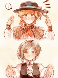  ! 2girls :| ascot black_hat black_vest blonde_hair blue_bow blue_eyes blush boater_hat bow brown_dress ciaosalut closed_mouth collared_shirt cropped_torso dress grey_eyes grey_hair hair_bun hands_up hat hat_bow headwear_switch highres kiperina looking_at_viewer multiple_girls neckerchief notice_lines outstretched_arms outstretched_hand red_neckerchief reverse:1999 shirt single_side_bun smile speech_bubble spoken_exclamation_mark upper_body vertin_(reverse:1999) vest white_ascot white_shirt yellow_background 