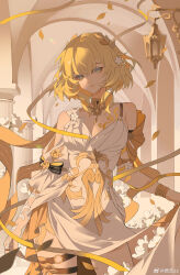  1girl absurdres aglaea_(honkai:_star_rail) bare_shoulders blonde_hair blue_eyes breasts cleavage deji_zz dress flower green_eyes hair_flower hair_ornament highres honkai:_star_rail honkai_(series) indoors lamp looking_at_viewer parted_lips short_hair skirt_hold solo watermark weibo_username weibo_watermark white_dress white_flower yellow_eyes 