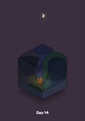campfire commentary crescent_moon diorama gozz hallucination highres isometric lying monster moon night on_side original purple_background rating:General score:1 user:danbooru