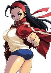  1girl absurdres ahoge ass black_hair blue_buruma breasts brown_eyes buruma capcom from_behind gym_uniform headband highres iinchou_(justice_gakuen) jacket justice_gakuen large_breasts long_hair long_sleeves looking_at_viewer looking_back muramasa_mikado open_clothes open_jacket red_jacket shiritsu_justice_gakuen shirt smile standing track_jacket white_background white_shirt 