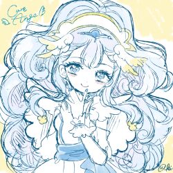  1girl beads blue_bow blue_eyes blue_hair blue_nails blue_sash blue_wrist_cuffs blush_stickers bow capelet character_name circlet closed_mouth cowboy_shot cure_ange curly_hair detached_sleeves dot_nose dress eye_mask feather-trimmed_sleeves frilled_wrist_cuffs frills hair_beads hair_ornament hairband hand_on_own_chin happy heart heart_hair_ornament heart_in_eye high_ponytail hugtto!_precure lipstick long_hair magical_girl makeup nail_polish outline pink_lips ponytail precure puffy_short_sleeves puffy_sleeves rabbit_hair_ornament sash short_dress short_sleeves signature simple_background sketch smile solo symbol_in_eye tareme uzuki_aki very_long_hair waist_bow waist_sash white_capelet white_dress white_hairband white_outline white_sleeves wing_hair_ornament wrist_cuffs yakushiji_saaya yellow_background 