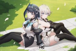  2girls absurdres back-to-back black_gloves black_hair black_skirt black_thighhighs blue_bow blue_bowtie blue_eyes blue_hair bow bowtie bracer breasts chain chain_headband cleavage closed_mouth colored_inner_hair cropped_shirt elbow_gloves falling_petals gloves grass grey_hair hair_intakes highres hololive hololive_english liora_walkyria master117 multicolored_hair multiple_girls navel ouro_kronii petals second-party_source short_hair sitting skirt thighhighs v&amp;u_entertainment virtual_youtuber 
