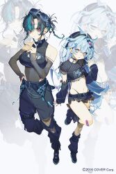  2girls absurdres alternate_costume alternate_hairstyle aqua_hair bandaid bandaid_on_knee bandaid_on_leg beret black_arm_warmers black_hair black_hat black_leotard black_pants black_shoes black_shorts blue_eyes blue_hair braid breasts cleavage colored_inner_hair commentary_request covered_navel crop_top cropped_shirt fishnet_top fishnets flat_chest frilled_shorts frills full_body goggles goggles_on_head halter_shirt halterneck hamita_(rikopin_ika) hat highleg highleg_leotard highleg_panties highres hololive hololive_dev_is large_breasts leotard leotard_under_clothes lightning_ahoge long_hair long_sleeves looking_at_viewer messy_hair midriff mizumiya_su multicolored_hair multiple_girls navel off-shoulder_leotard official_art panties pants panty_straps pink_hair purple_hair red_eyes ribbed_shirt rindo_chihaya shirt shoes short_hair short_shorts shorts sleeveless sleeveless_shirt streaked_hair torn_clothes torn_pants twin_braids underwear very_long_hair virtual_youtuber white_hair zoom_layer 