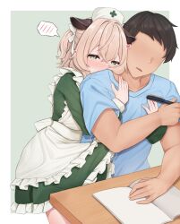 1boy 1futa absurdres animal_ears apron blush bulge cowboy_shot dress erection erection_under_clothes faceless faceless_male frilled_apron frills futanari green_background green_dress green_eyes hair_between_eyes hat highres holding holding_pen hug hug_from_behind indie_virtual_youtuber long_sleeves nimi_nightmare nose_blush nurse_cap pen shirt sleepypudding spoken_blush t-shirt twitching_penis