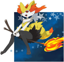  1other animal_ears braixen commentary fang fire fox_ears fox_tail furry gen_6_pokemon hatenakayubi legs nintendo orange_eyes other_focus pokemon pokemon_(creature) riding sitting smile solo star_(symbol) stick tail 