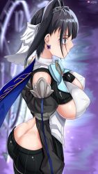 1girl ass bare_shoulders black_eyes black_hair breasts butt_crack cape detached_sleeves from_above hair_intakes highres hololive hololive_english huge_ass large_breasts o22no ouro_kronii pants shiny_clothes shiny_skin short_hair_with_long_locks sideboob solo virtual_youtuber rating:Questionable score:56 user:armorcrystal