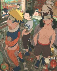  6+boys :/ :d :p abs akamaru_(naruto) akimichi_chouji ass bathroom black_eyes black_hair blonde_hair blue_eyes blue_footwear blue_shirt brown_eyes brown_hair brown_pants brown_shirt clenched_teeth closed_eyes colored_skin commentary_request dog earrings frown green_shirt hands_in_pockets hatake_kakashi highres inuzuka_kiba jewelry jiraiya_(naruto) kunai looking_at_viewer male_focus multiple_boys nara_shikamaru naruto_(series) navel open_clothes open_mouth open_shirt orange_pants orange_shirt pants sandals scar scar_on_face shirt shota smile standing teeth toilet_use toned tongue tongue_out uchiha_sasuke umino_iruka uraura_ura-chan urinal urinal_use uzumaki_naruto weapon white_skin window  rating:General score:79 user:danbooru