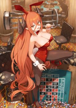 1girl animal_ear_hairband animal_ears black_pantyhose bow bowtie breasts broken_table chair cleavage demon_girl demon_horns detached_collar fake_animal_ears hair_between_eyes hairband highres holding_chair horns kamo_ashi large_breasts leotard long_hair orange_eyes orange_hair original pantyhose playboy_bunny pointy_ears poker_chip rabbit_ears rabbit_tail red_bow red_bowtie red_leotard roulette_table solo stool strapless strapless_leotard table tail very_long_hair wrist_cuffs 