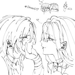  ... 2girls blush chief_(path_to_nowhere) closed_eyes closed_mouth commentary english_commentary female_chief_(path_to_nowhere) flower greyscale heart highres kiss kissing_cheek long_hair monochrome multiple_girls par_sato path_to_nowhere puckered_lips schorl_(path_to_nowhere) shalom_(path_to_nowhere) smile spoken_ellipsis yuri 