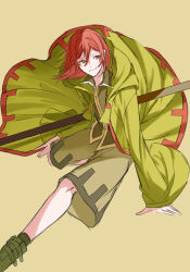  1other androgynous ankle_socks belt belt_buckle black_shirt black_socks boots brown_hair buckle buttons closed_mouth collared_shirt commentary_request floating_clothes floating_hair foot_out_of_frame green_belt green_boots green_jacket green_shorts hair_between_eyes happy highres hood hood_down hooded_jacket jacket leg_up len&#039;en looking_at_viewer medium_hair open_clothes open_jacket other_focus outstretched_leg red_eyes red_hair shirt shitodo_hooaka shoe_belt shorts simple_background smirk socks solo yoni. zipper zipper_pull_tab 