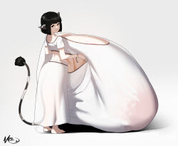  1girl absurdres animal_ears barefoot black_hair bracelet breasts brown_eyes bursting_breasts cow_ears cow_girl cow_horns cow_tail dress from_side gigantic_breasts highres horns huge_areolae jewelry looking_at_viewer maoyuu_maou_yuusha medium_hair naze nipples puffy_nipples see-through_clothes short_sleeves simple_background smile solo tail ushichichi_(maoyuu) white_dress  rating:Questionable score:28 user:100241
