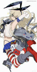  &gt;_&lt; 1girl :3 absurdres arm_behind_head arm_up armpits black_eyes black_hairband black_neckerchief black_panties blonde_hair blue_sailor_collar blue_skirt bow_hairband commentary_request cropped_shirt crossed_bandaids crossed_bangs elbow_gloves gloves hair_between_eyes hairband highleg highleg_panties highres kantai_collection long_hair looking_at_viewer microskirt midriff neckerchief open_mouth panties panty_straps pleated_skirt red_thighhighs rensouhou-chan rudder_footwear sailor_collar shimakaze_(kancolle) shirt simple_background skirt sleeveless sleeveless_shirt smile striped_clothes striped_thighhighs thighhighs thighs underwear white_background white_gloves white_shirt z3zz4 