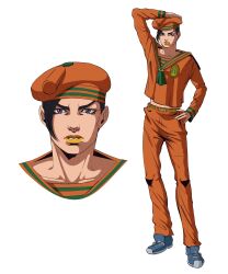  1boy anchor_ornament araki_hirohiko_(style) asymmetrical_bangs black_hair blue_shoes commentary english_commentary hand_on_own_hip hat highres jojo_no_kimyou_na_bouken jojolion kira_yoshikage_(jojolion) long_bangs long_sleeves male_focus multiple_views official_style orange_hat orange_pants orange_sailor_collar orange_shirt pants parted_lips purple_eyes reference_sheet s0osauge sailor sailor_collar sailor_hat shirt shoes sneakers standing teeth 