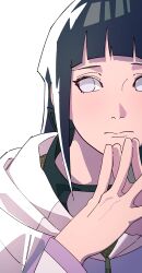  1girl absurdres black_hair blunt_bangs byakugan closed_mouth commentary_request facing_viewer forehead_protector highres hyuuga_hinata jacket long_hair looking_to_the_side multicolored_jacket naruto_(series) naruto_shippuuden no_pupils own_hands_together pnpk_1013 portrait purple_jacket solo steepled_fingers two-tone_jacket upper_body white_background white_eyes zipper_pull_tab 