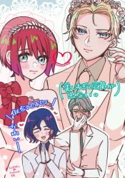  1girl 3boys amate_yuzuriha aqua_eyes beard blonde_hair blue_eyes blue_hair blush bridal_veil challia_bull char_aznable clapping closed_eyes collared_shirt colored_inner_hair dress facial_hair formal_clothes gloves green_eyes green_hair gundam gundam_gquuuuuux head_wreath heart hetero highres jacket long_sleeves multicolored_hair multiple_boys mustache necktie okomewith96 open_mouth purple_hair red_hair shirt short_hair shuji_ito smile suit two-tone_hair veil wedding wedding_dress wedding_suit white_suit yaoi 