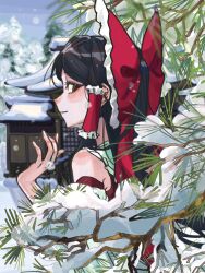  1girl bare_shoulders bow branch brown_eyes collar day detached_collar frilled_bow frilled_collar frilled_hair_tubes frills from_side hair_bow hair_tubes hakurei_reimu hakurei_shrine hand_up highres japanese_clothes long_hair looking_at_viewer miko outdoors pine_tree ponytail red_bow shoulder_blush sidelocks snow snowing solo touhou tree upper_body white_collar yuke_yukima 