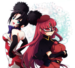  00s 1990s_(style) 2girls b-daman bakukyuu_hit!_crash_b-daman beret black_hair breasts chinese_clothes gloves green_eyes hat hime_cut kyuga large_breasts lipstick makeup mask mole multiple_girls princess_darami red_hair ribbon takara-tomy 