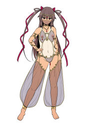  1girl barefoot breasts cleft_of_venus closed_mouth gypsy hair_ornament hand_on_own_hip harem_outfit highres jewelry large_variant_set long_hair looking_at_viewer lovelovemaid mizuki_yukikaze navel necklace nipple_piercing nipple_rings nipples one-piece_tan piercing purple_eyes purple_hair pussy revealing_clothes see-through_clothes simple_background small_breasts smile solo stomach taimanin_(series) taimanin_yukikaze tan tanline transparent_harem_pants twintails variant_set veil very_long_hair white_background  rating:Explicit score:112 user:danbooru
